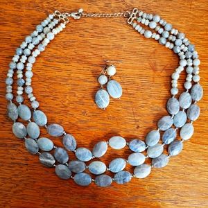 Barse grey stone 3 strand necklace and earring set